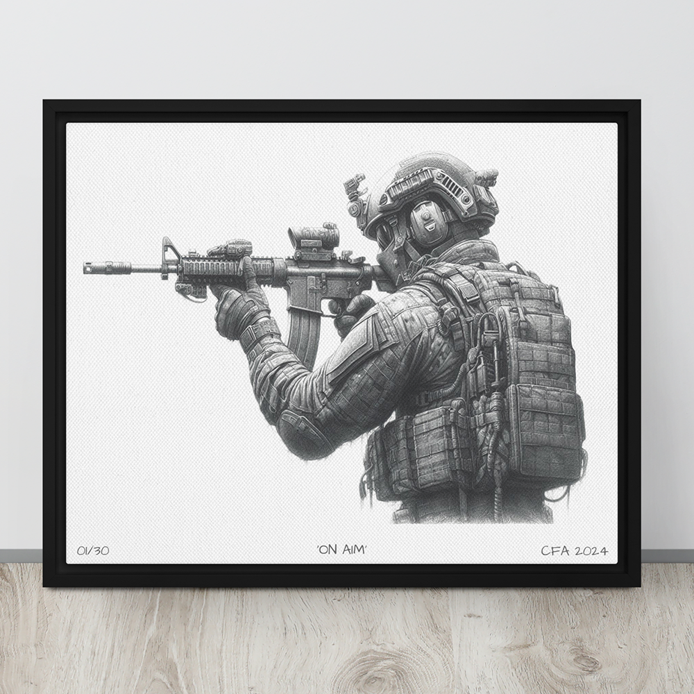 Wall view black framed on aim limited edition framed canvas original art print from contact front artwork tactical