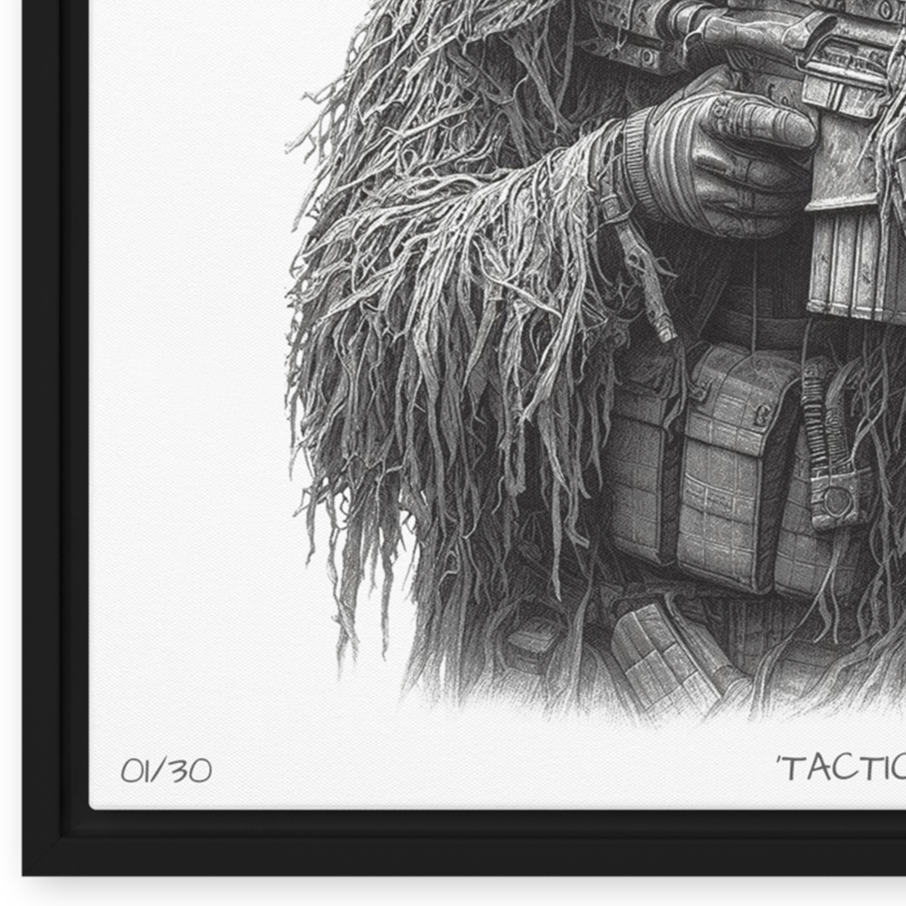 Close up number view black framed Tactical limited edition framed canvas original art print from contact front artwork tactical