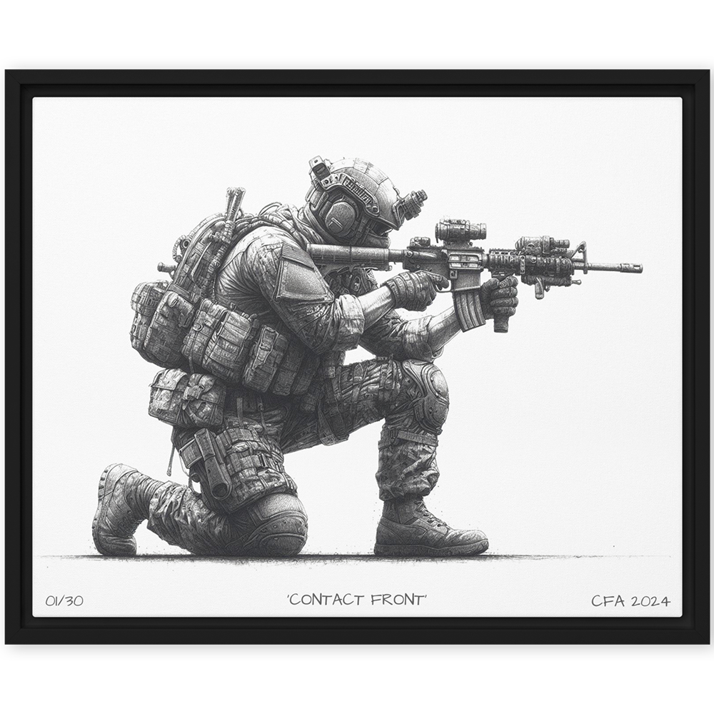 front view black framed contact front limited edition framed canvas original art print from contact front artwork tactical