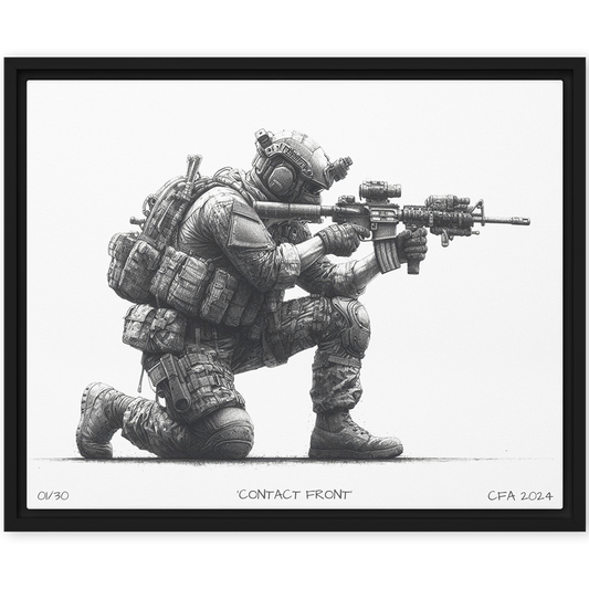 front view black framed contact front limited edition framed canvas original art print from contact front artwork tactical