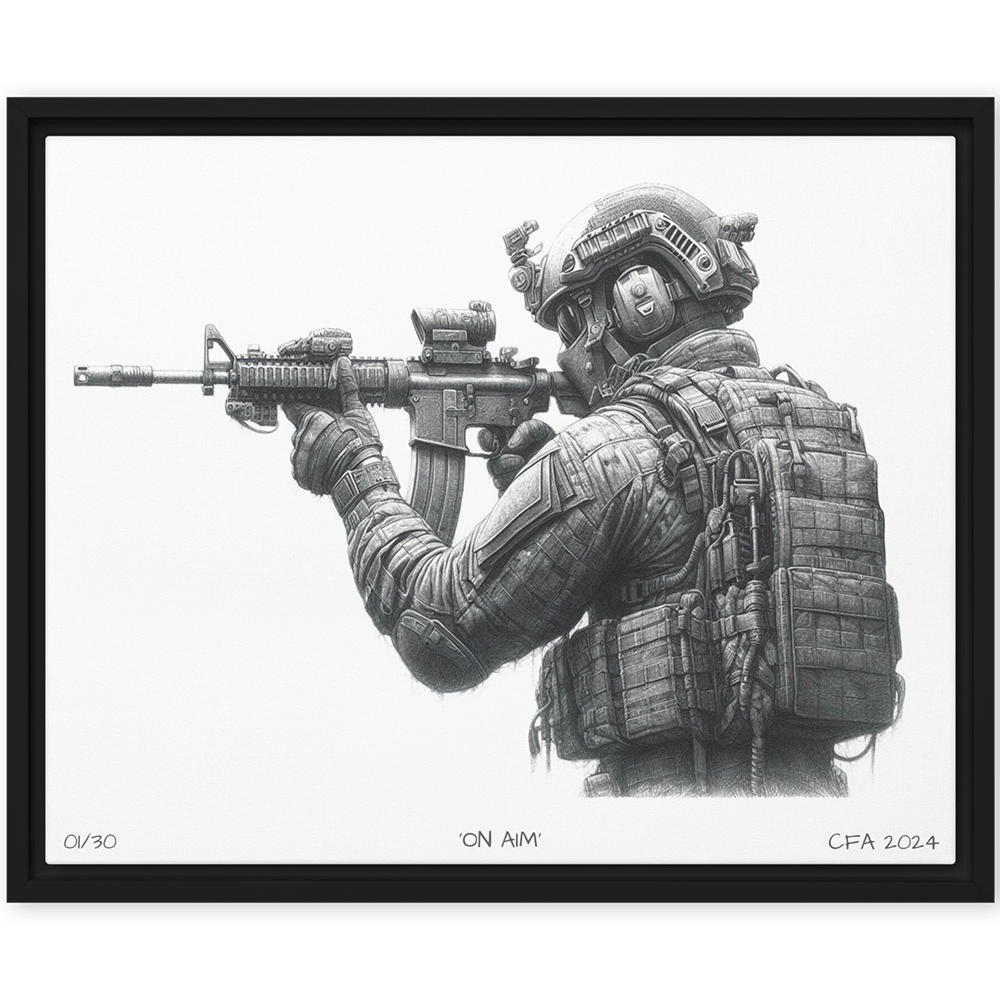 front view black framed on aim limited edition framed canvas original art print from contact front artwork tactical