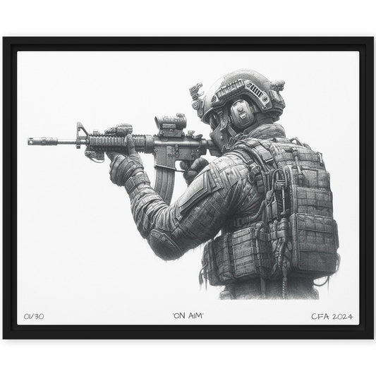 front view black framed on aim limited edition framed canvas original art print from contact front artwork tactical