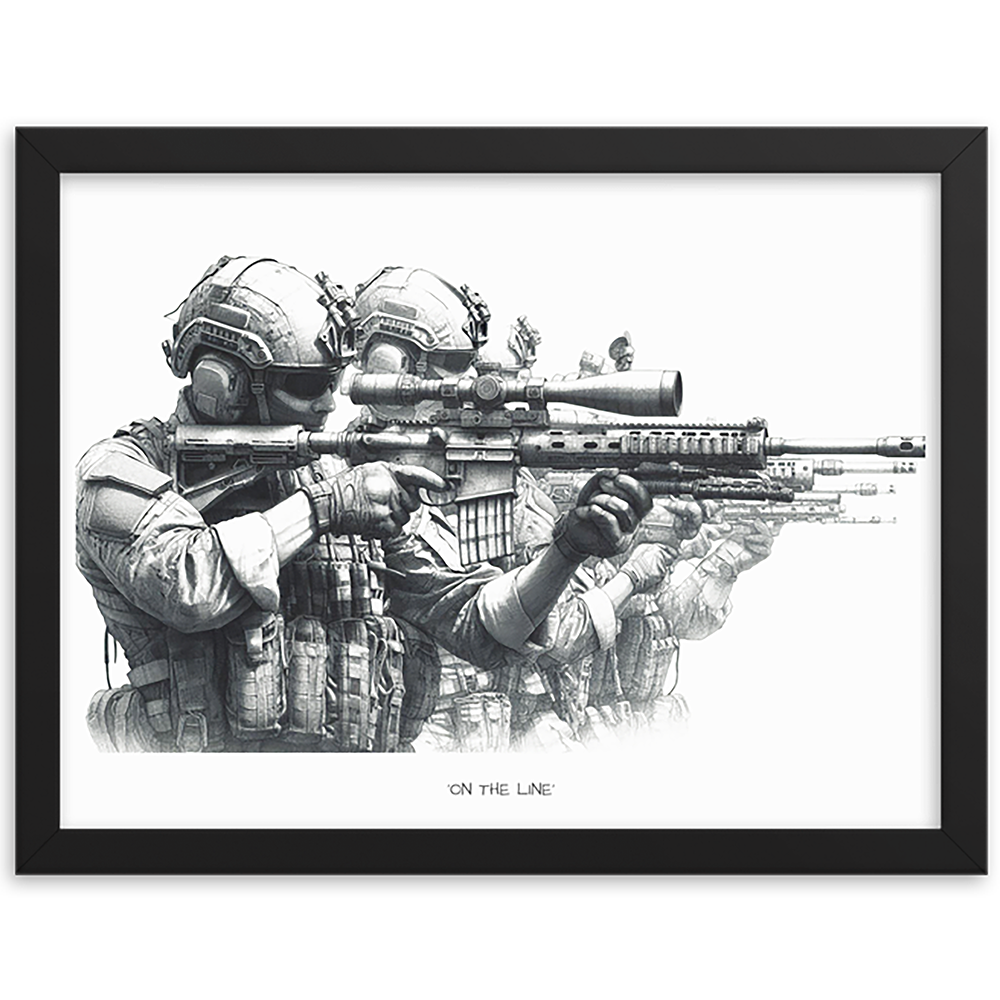 front view black framed on the line original art print from contact front artwork tactical