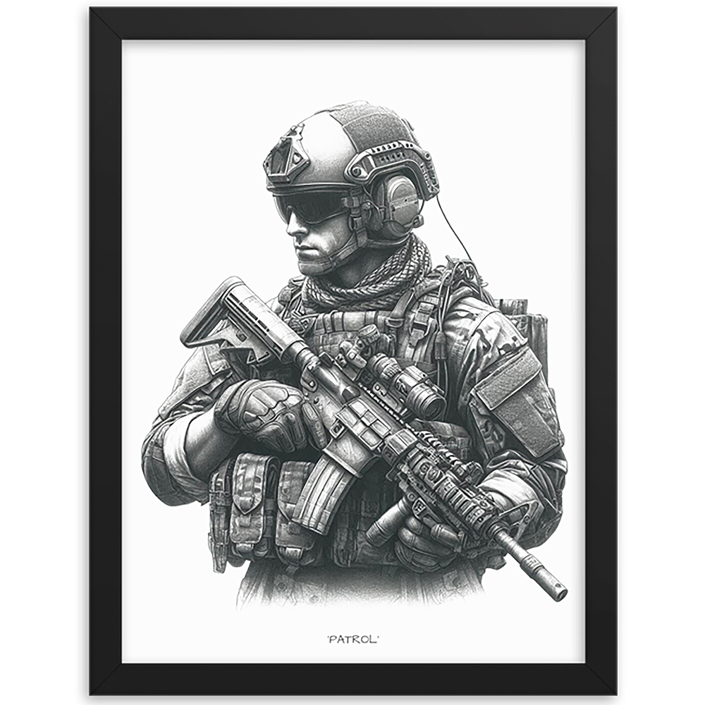 front view black framed patrol original art print from contact front artwork