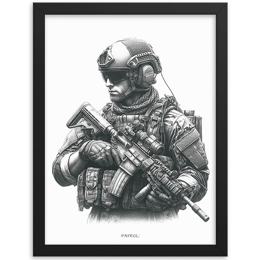 front view black framed patrol original art print from contact front artwork