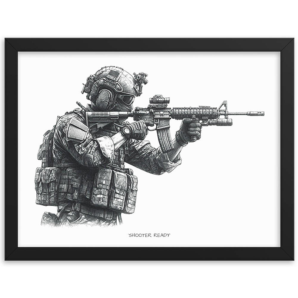 front view black framed shooter ready original art print from contact front artwork tactical