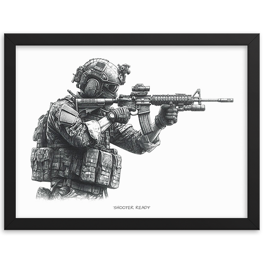 front view black framed shooter ready original art print from contact front artwork tactical