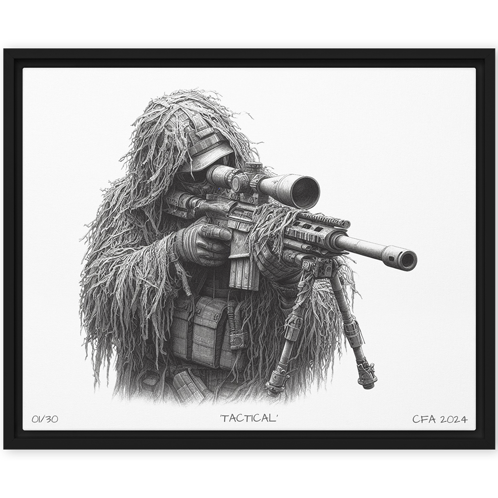 front view black framed Tactical limited edition framed canvas original art print from contact front artwork tactical