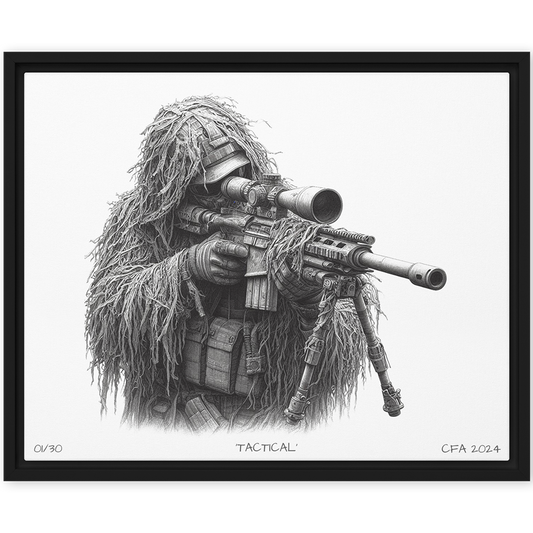 front view black framed Tactical limited edition framed canvas original art print from contact front artwork tactical