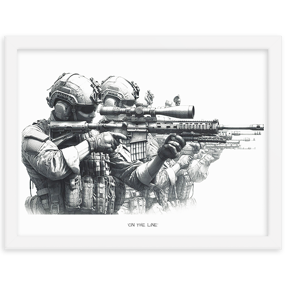 front view white framed on the line original art print from contact front artwork tactical