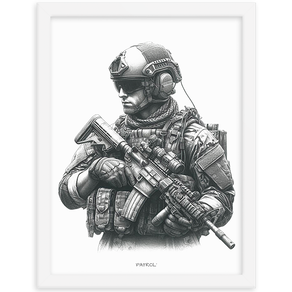 front view white framed patrol original art print from contact front artwork