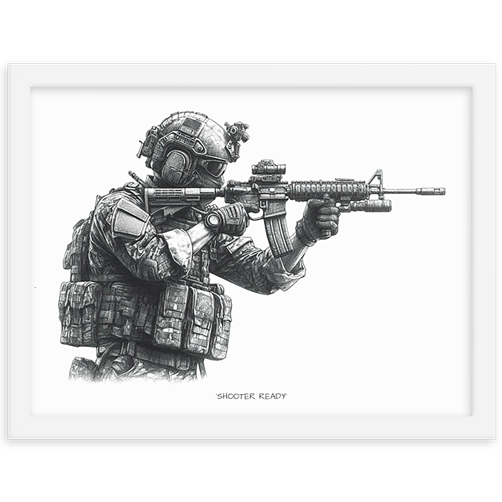 front view white framed shooter ready original art print from contact front artwork tactical