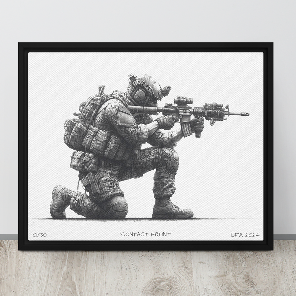 Wall view black framed contact front limited edition framed canvas original art print from contact front artwork tactical