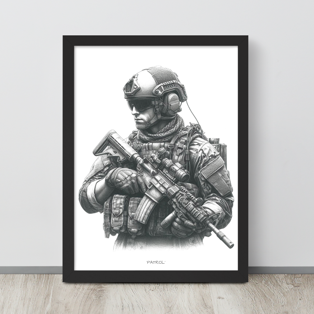 wall view black framed patrol original art print from contact front artwork