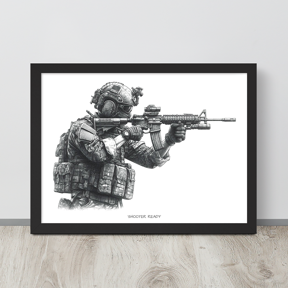 Wall view black framed shooter ready original art print from contact front artwork tactical