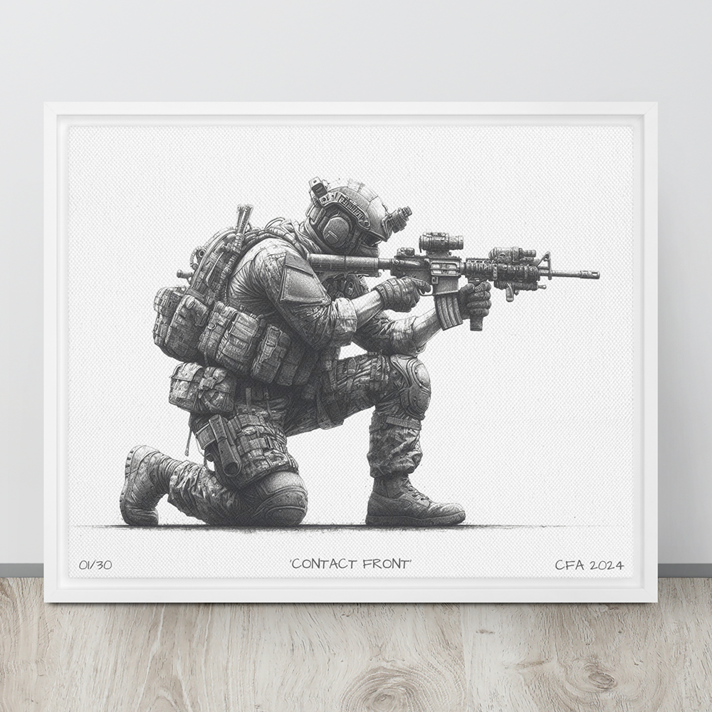 Wall view white framed contact front limited edition framed canvas original art print from contact front artwork tactical