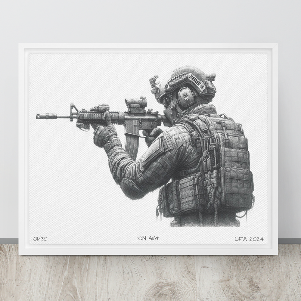 Wall view white framed on aim limited edition framed canvas original art print from contact front artwork tactical