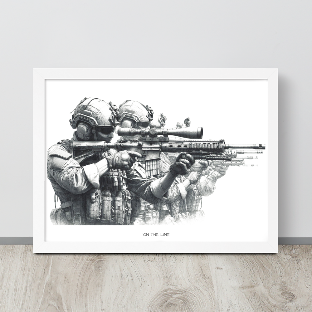 wall view white framed on the line original art print from contact front artwork tactical