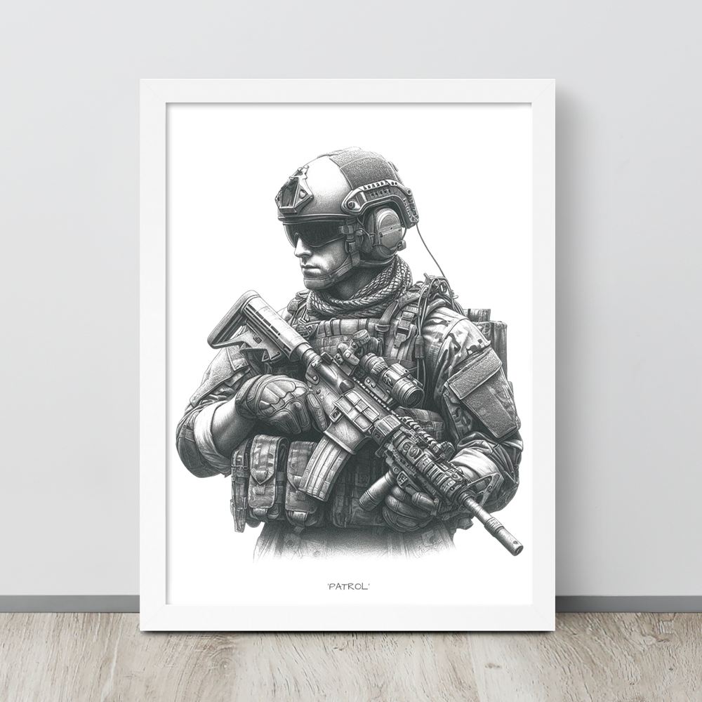 wall view white framed patrol original art print from contact front artwork