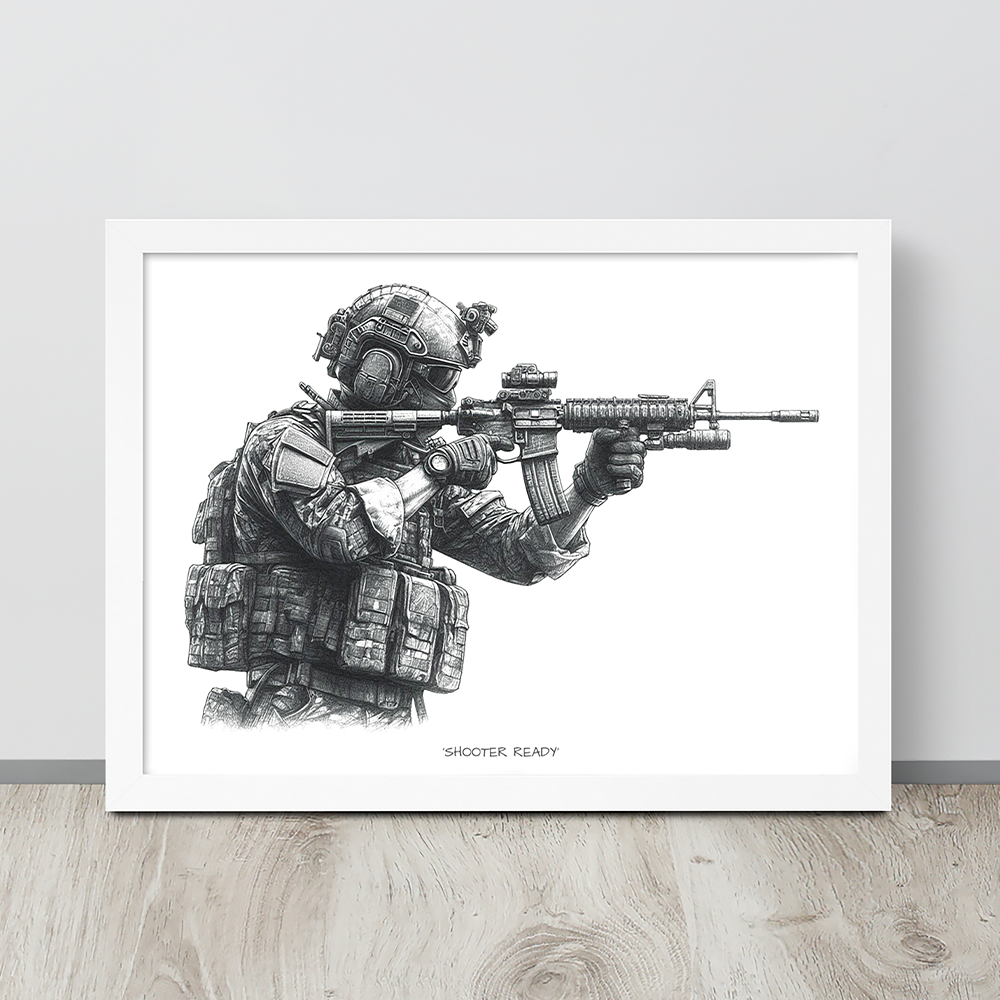 Wall view white framed shooter ready original art print from contact front artwork tactical